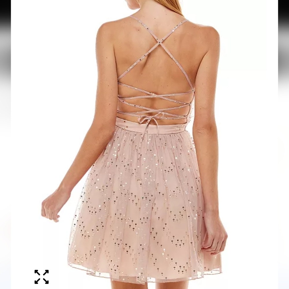 City Studio Criss Cross Strap Blush Sequin Mini Dress - Picture 5 of 7